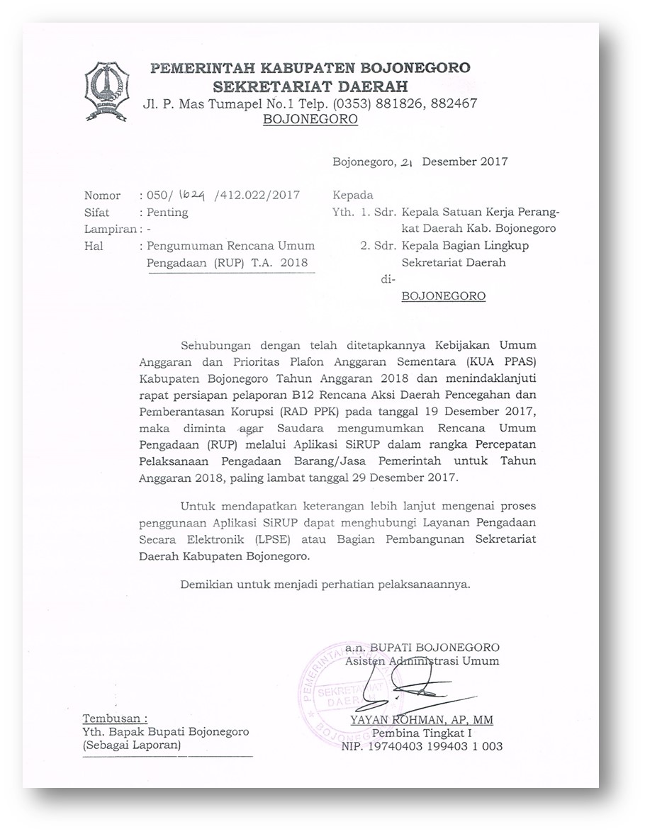 Surat Edaran tentang Pengumuman Rencana Umum Pengadaan (RUP) Tahun Anggaran 2018