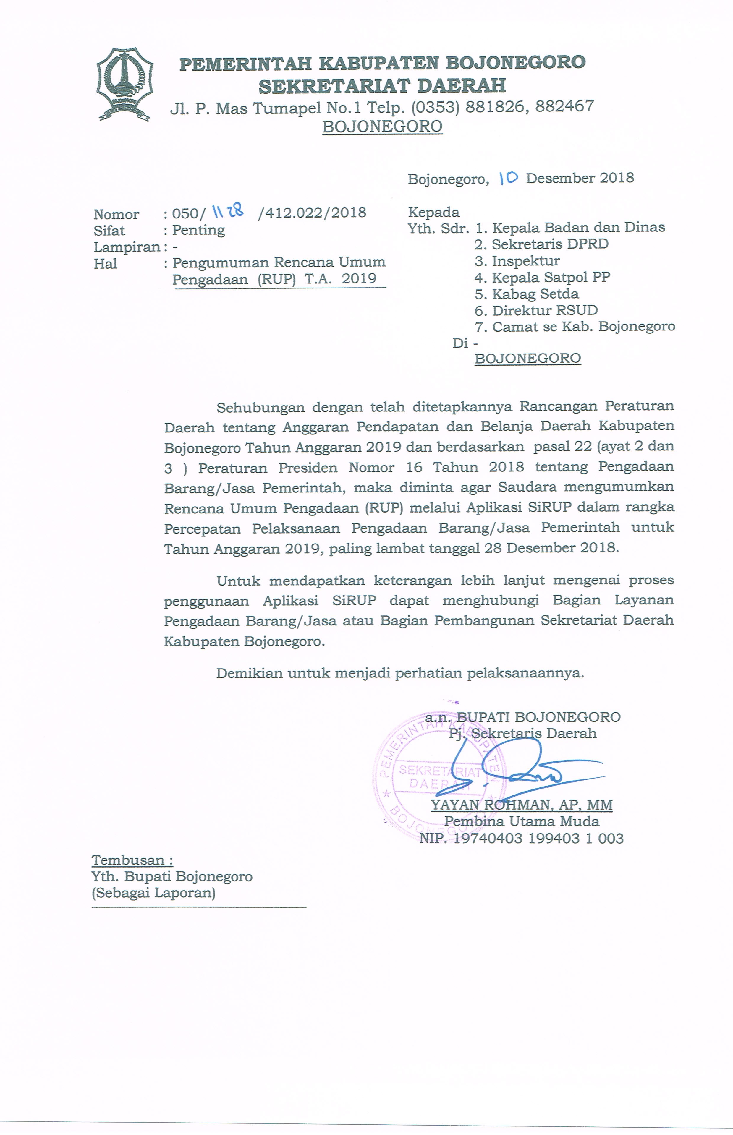 Surat Edaran tentang Pengumuman Rencana Umum Pengadaan T.A. 2019