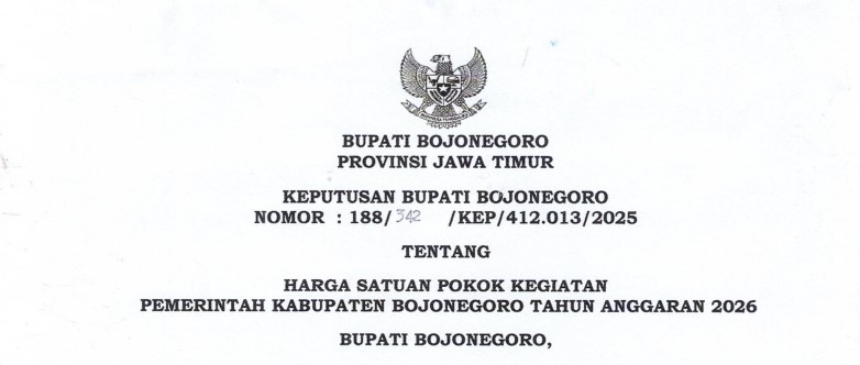 Keputusan Bupati Bojonegoro No 342 Tahun 2025 tentang Harga Satuan Pokok Kegiatan (HSPK) TA 2026