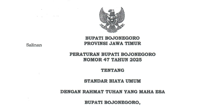 Peraturan Bupati Bojonegoro tentang Standar Biaya Umum (SBU) No 47 Tahun 2025 Kab Bojonegoro