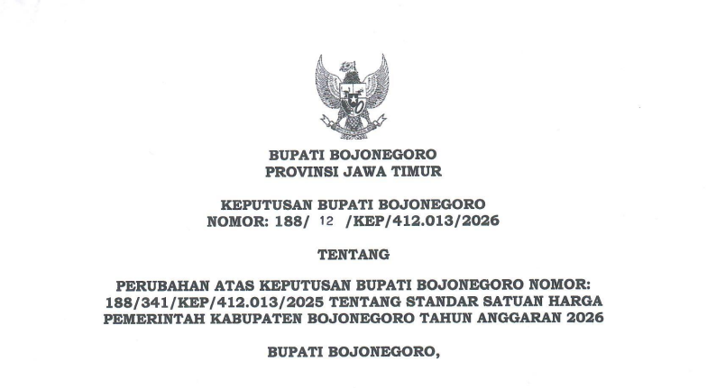 Keputusan Bupati Bojonegoro No 12 tentang Perubahan Standar Satuan Harga TA 2026
