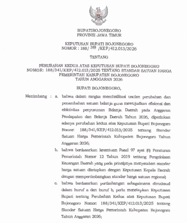 Keputusan Bupati Bojonegoro No 188/289/KEP/412.013/2026 tentang Perubahan Kedua Atas  Standar Satuan Harga Tahun Anggaran 2026